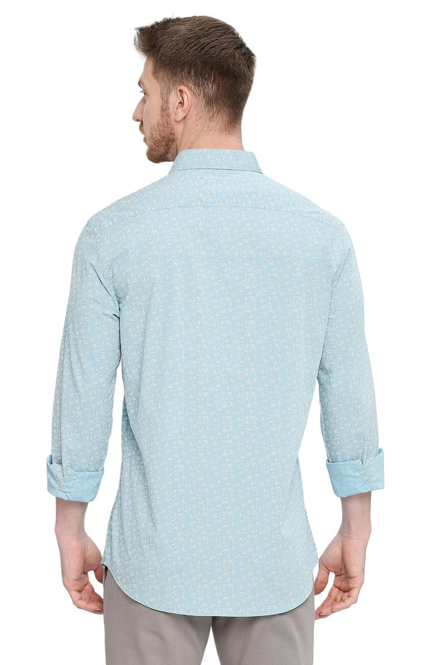 BASICS SLIM FIT WATER FALL TURQUOISE COTTON POPLIN PRINTED SHIRT
