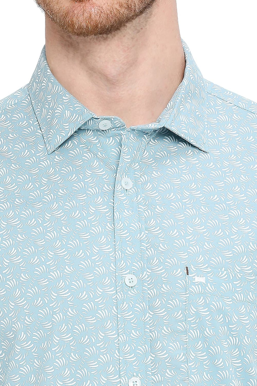 BASICS SLIM FIT WATER FALL TURQUOISE COTTON POPLIN PRINTED SHIRT