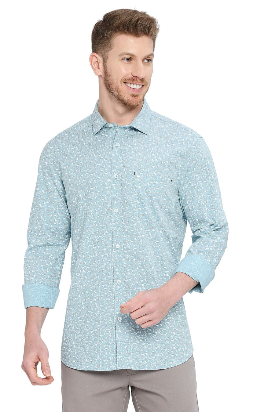 BASICS SLIM FIT WATER FALL TURQUOISE COTTON POPLIN PRINTED SHIRT