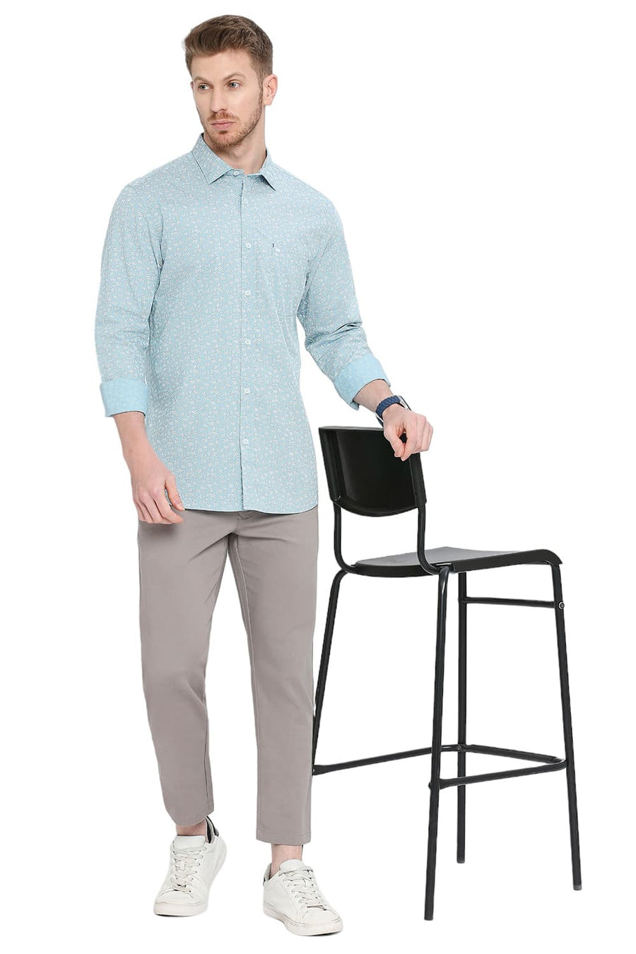BASICS SLIM FIT WATER FALL TURQUOISE COTTON POPLIN PRINTED SHIRT