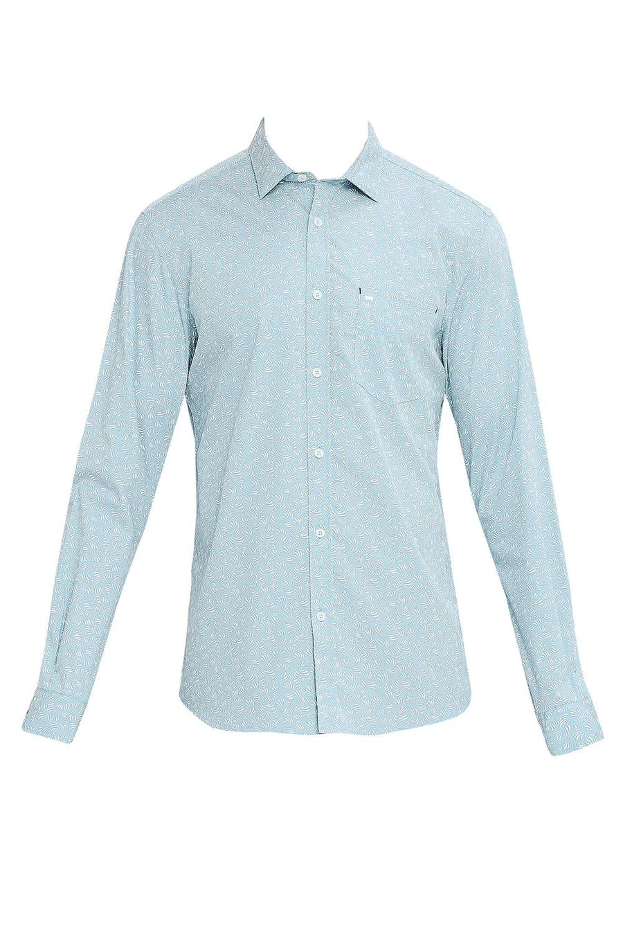 BASICS SLIM FIT WATER FALL TURQUOISE COTTON POPLIN PRINTED SHIRT