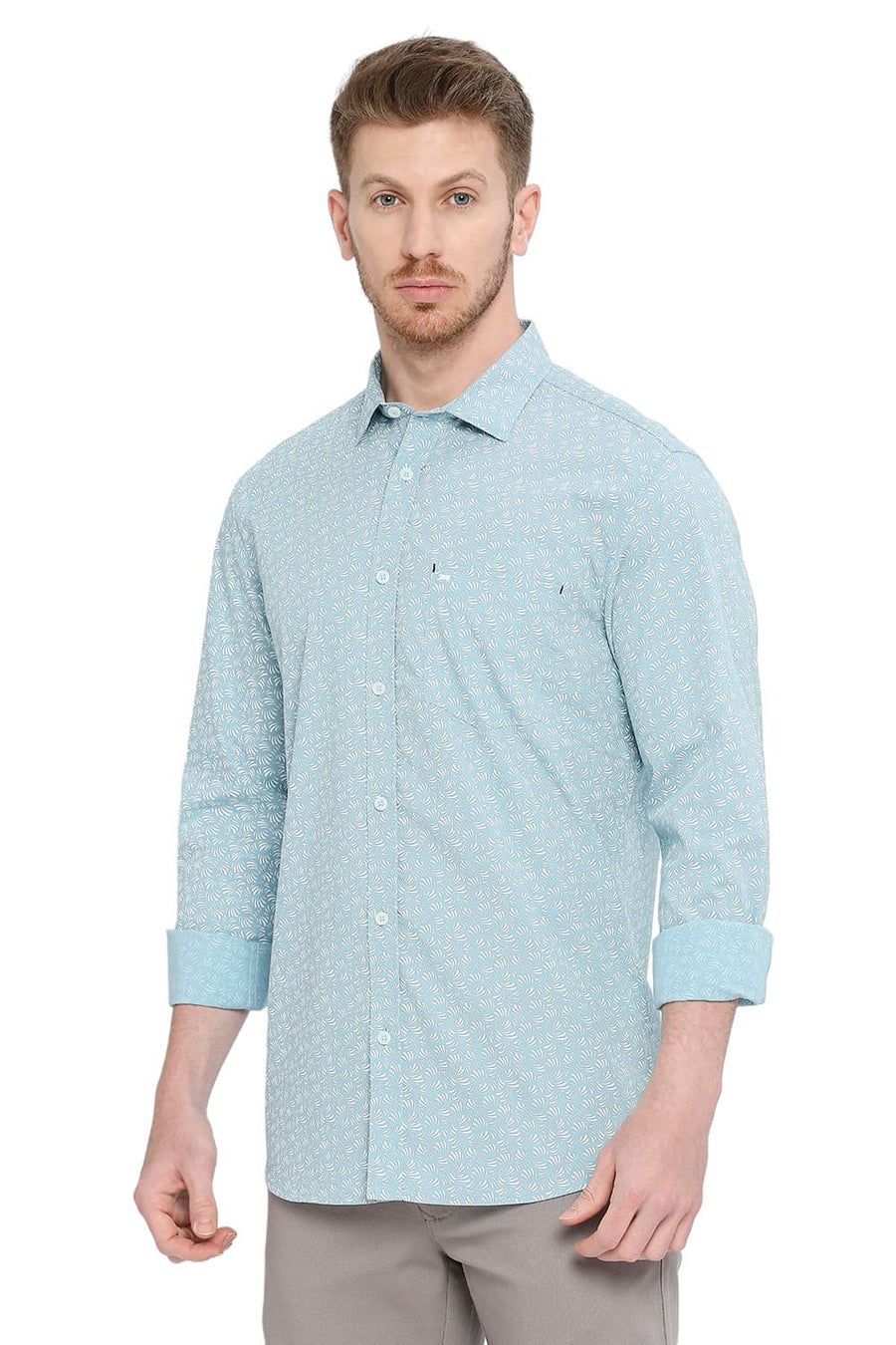 BASICS SLIM FIT WATER FALL TURQUOISE COTTON POPLIN PRINTED SHIRT