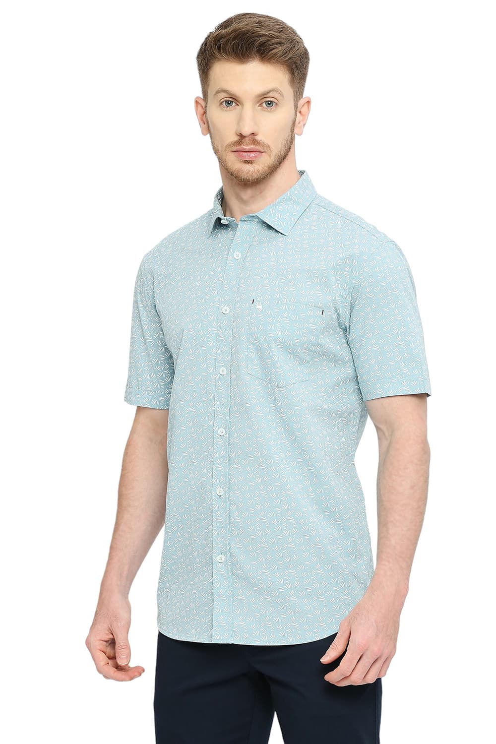 BASICS SLIM FIT COTTON POPLIN PRINTED HALFSLEEVES SHIRT