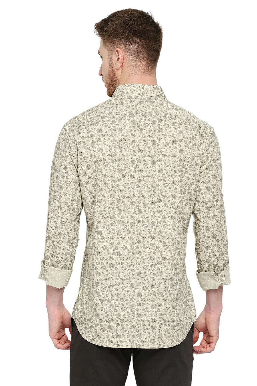 BASICS SLIM FIT WOOD ASH BEIGE COTTON POPLIN PRINTED SHIRT