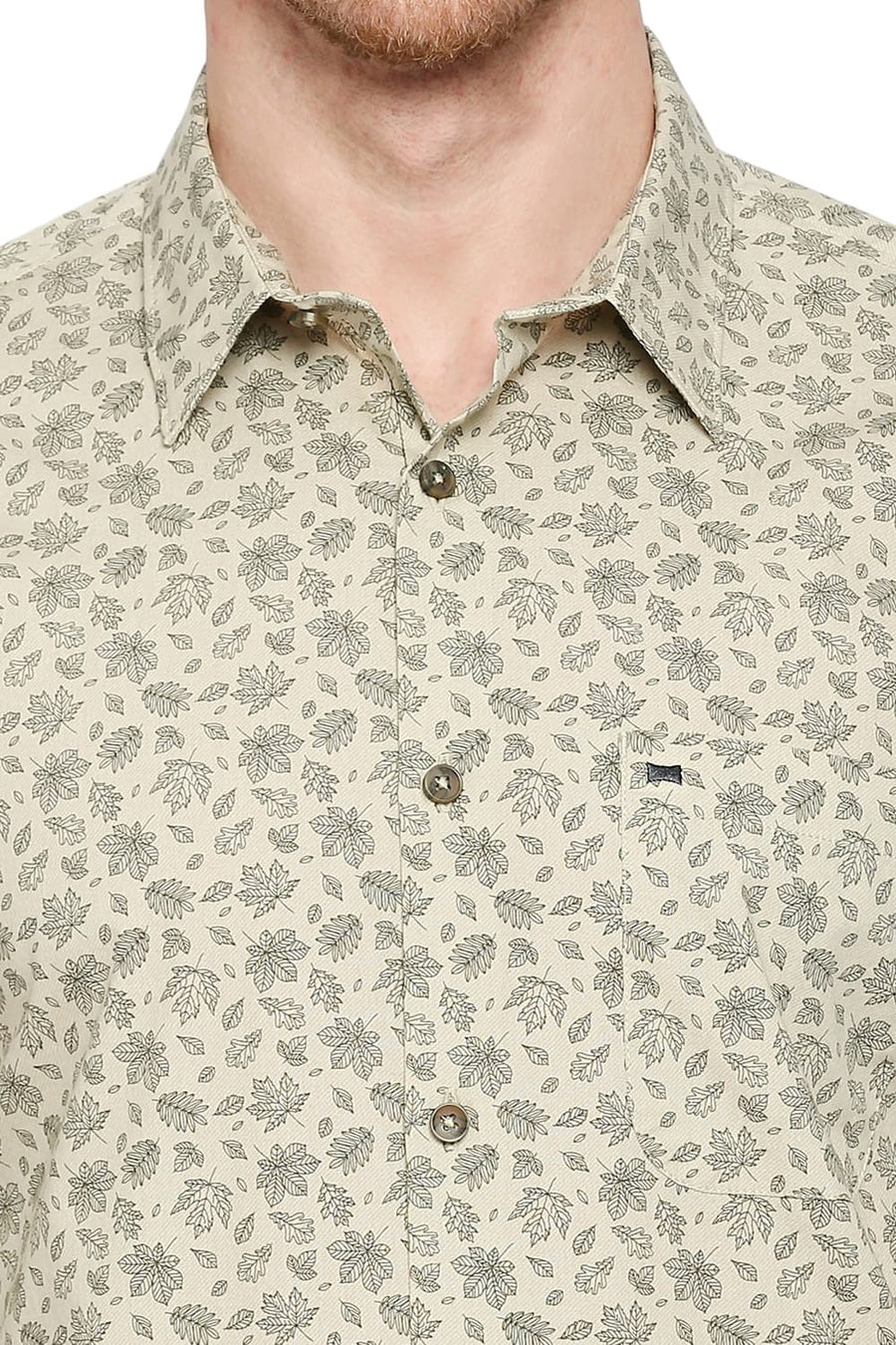 BASICS SLIM FIT WOOD ASH BEIGE COTTON POPLIN PRINTED SHIRT