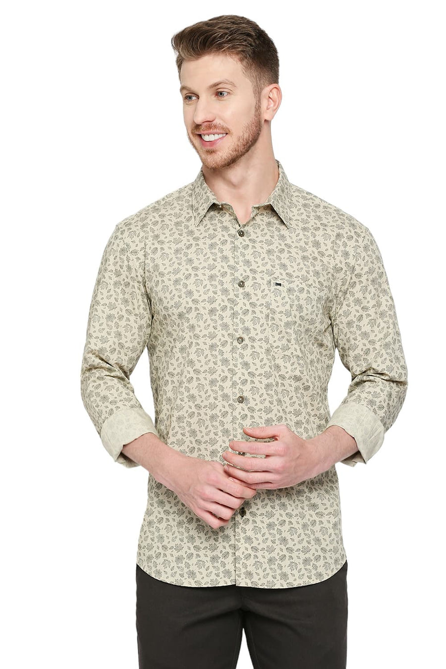 BASICS SLIM FIT WOOD ASH BEIGE COTTON POPLIN PRINTED SHIRT