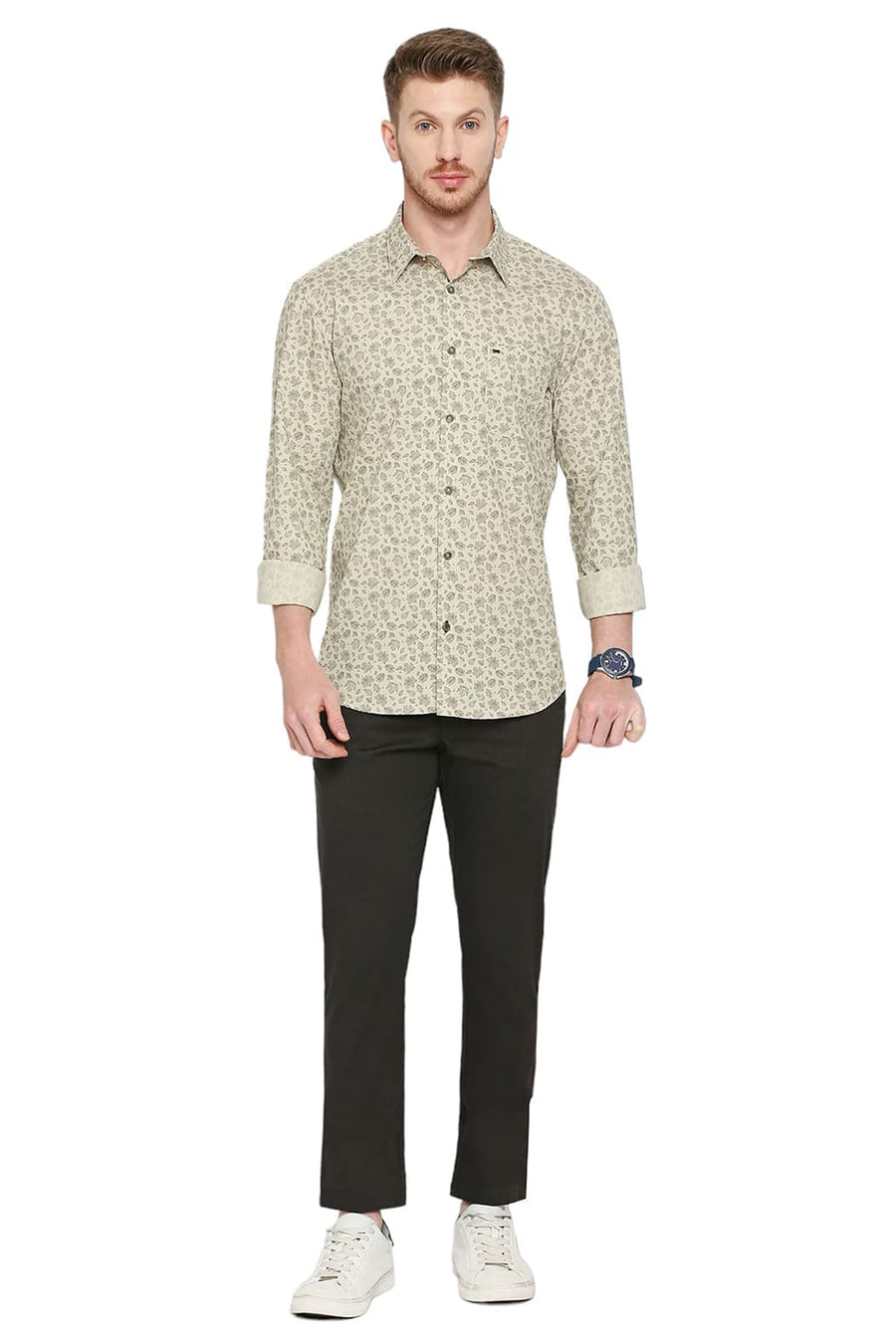 BASICS SLIM FIT WOOD ASH BEIGE COTTON POPLIN PRINTED SHIRT