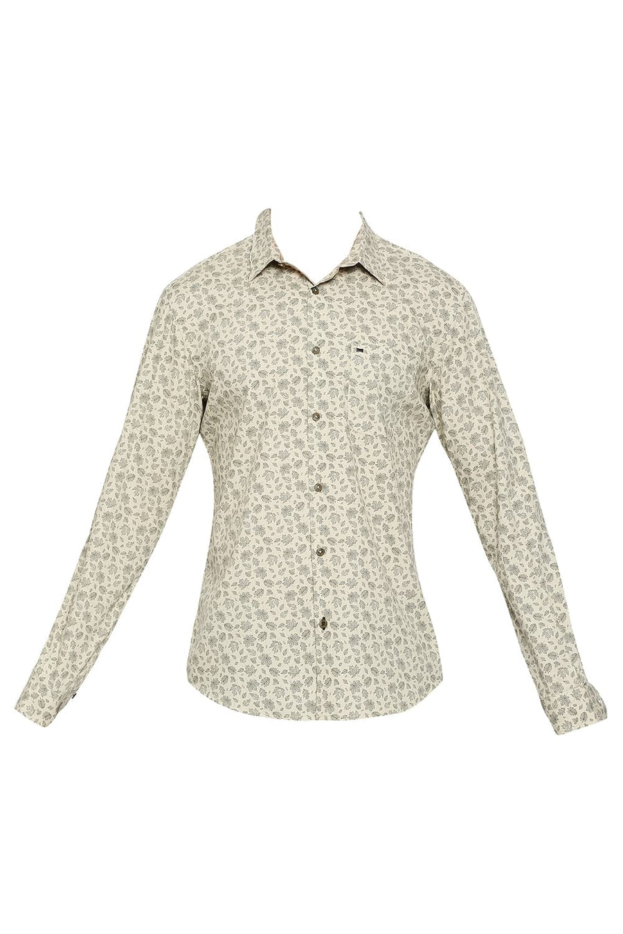 BASICS SLIM FIT WOOD ASH BEIGE COTTON POPLIN PRINTED SHIRT