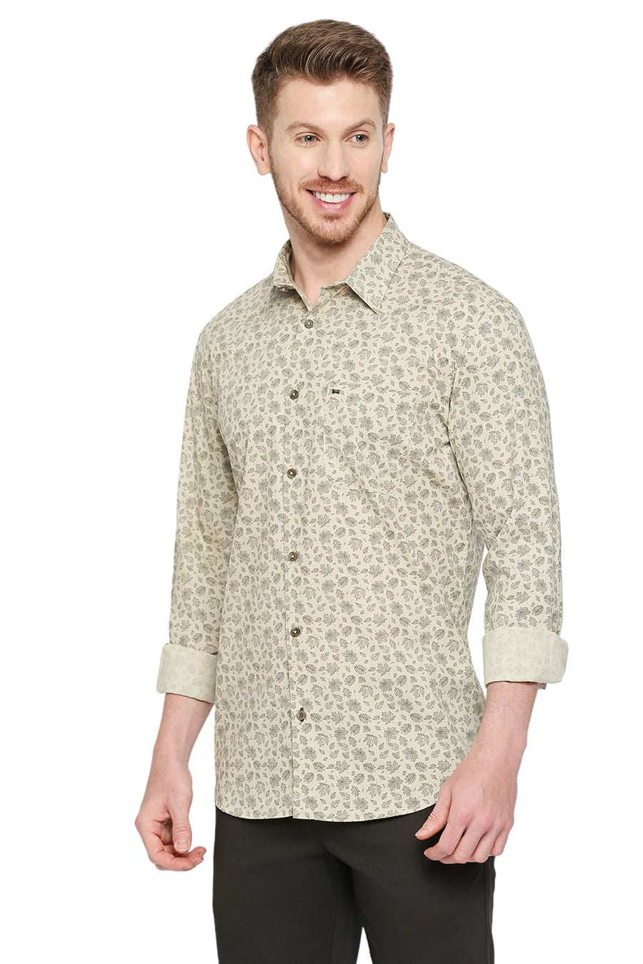 BASICS SLIM FIT WOOD ASH BEIGE COTTON POPLIN PRINTED SHIRT