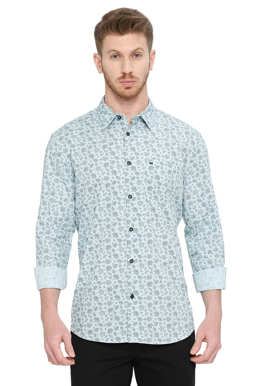 BASICS SLIM FIT STERLING BLUE COTTON POPLIN PRINTED SHIRT