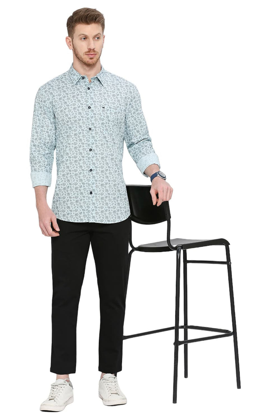 BASICS SLIM FIT STERLING BLUE COTTON POPLIN PRINTED SHIRT