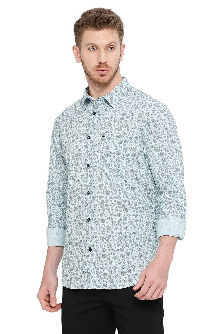 BASICS SLIM FIT STERLING BLUE COTTON POPLIN PRINTED SHIRT