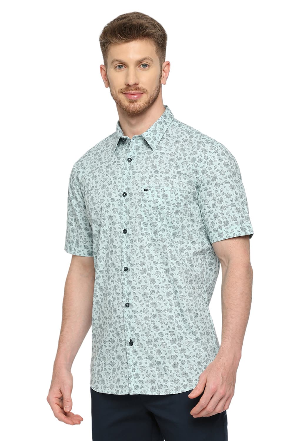 BASICS SLIM FIT COTTON POPLIN PRINTED HALFSLEEVES SHIRT