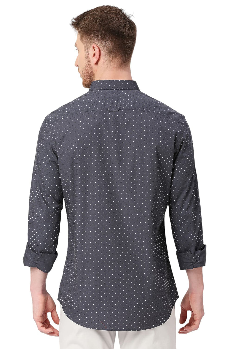 BASICS SLIM FIT TAPESTRY GREY COTTON POPLIN PRINTED SHIRT
