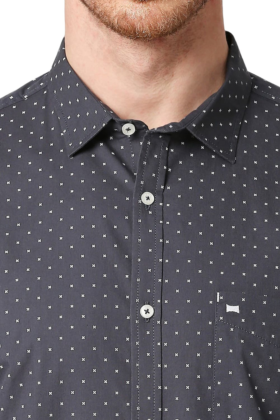 BASICS SLIM FIT TAPESTRY GREY COTTON POPLIN PRINTED SHIRT