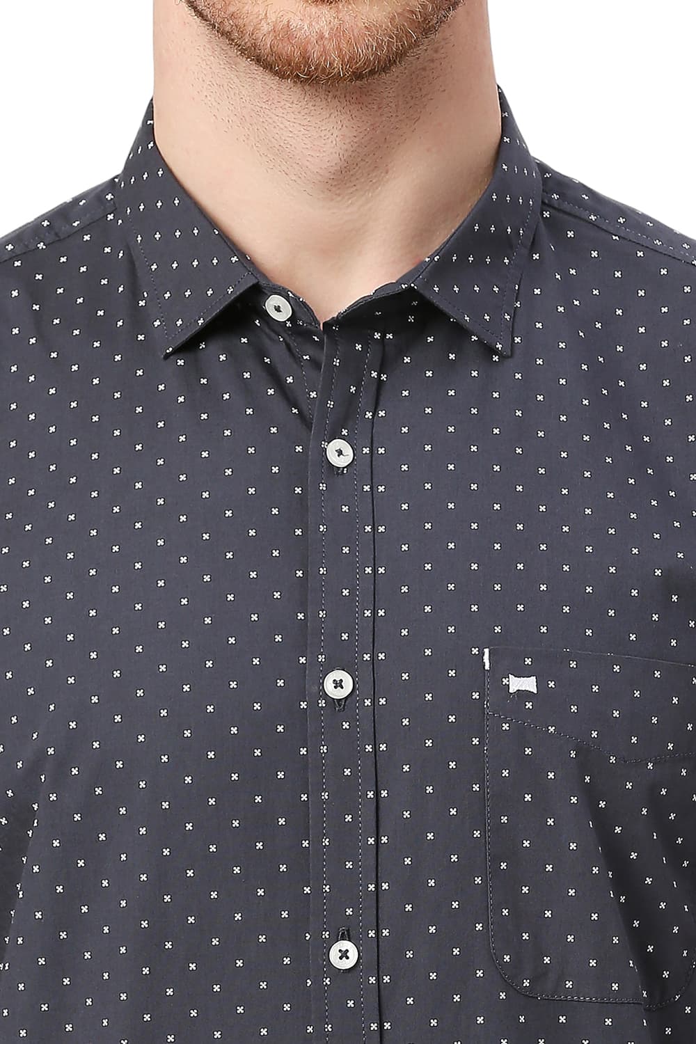 BASICS SLIM FIT COTTON POPLIN PRINTED HALFSLEEVES SHIRT