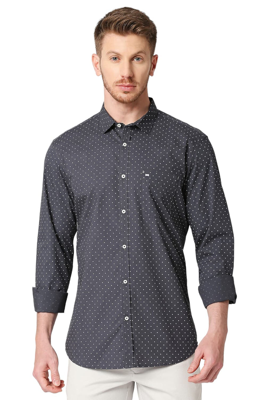 BASICS SLIM FIT TAPESTRY GREY COTTON POPLIN PRINTED SHIRT