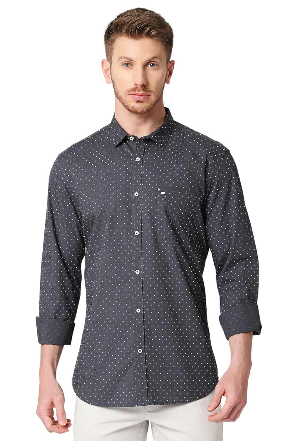 BASICS SLIM FIT COTTON POPLIN PRINTED SHIRT