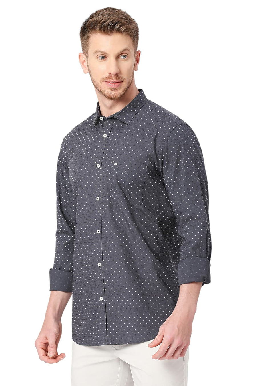 BASICS SLIM FIT TAPESTRY GREY COTTON POPLIN PRINTED SHIRT