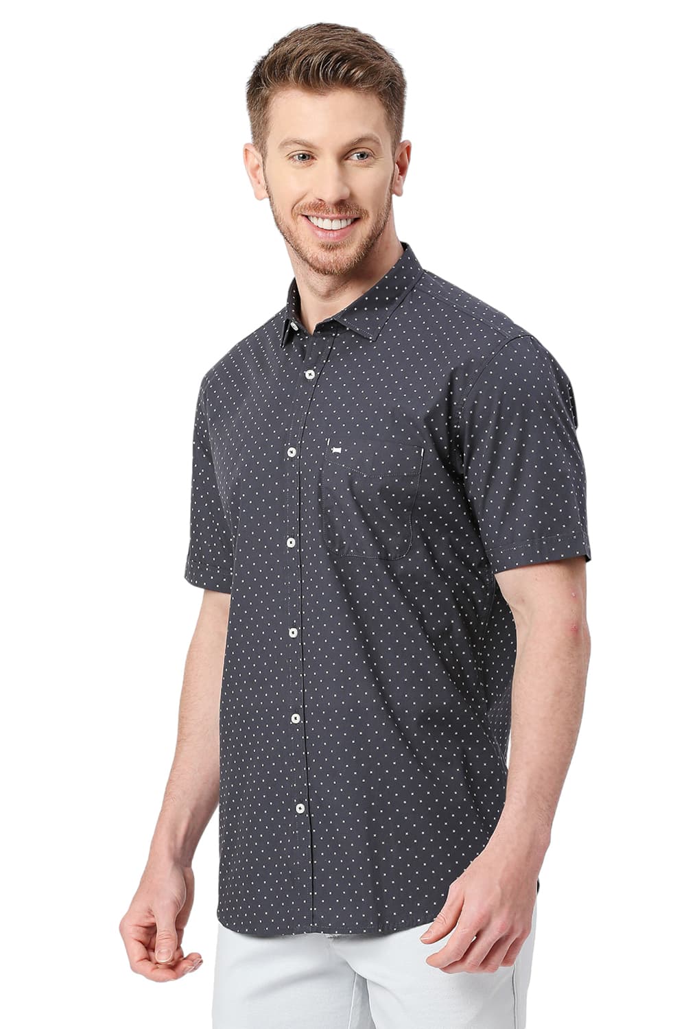 BASICS SLIM FIT COTTON POPLIN PRINTED HALFSLEEVES SHIRT