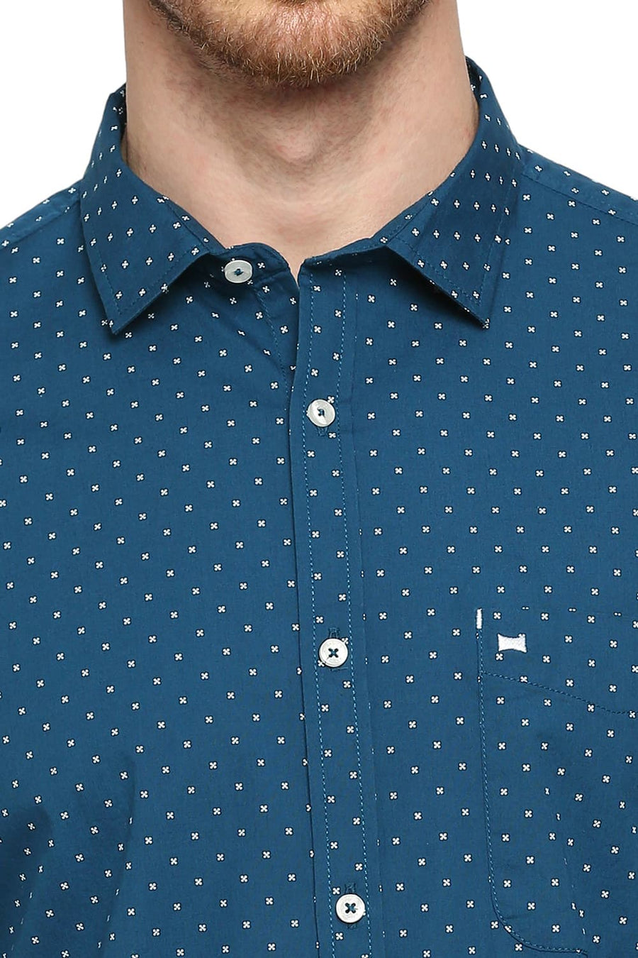 BASICS SLIM FIT BLUE CORAL COTTON POPLIN PRINTED SHIRT