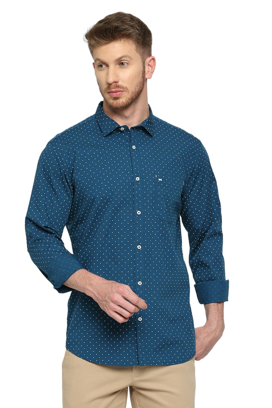 BASICS SLIM FIT BLUE CORAL COTTON POPLIN PRINTED SHIRT