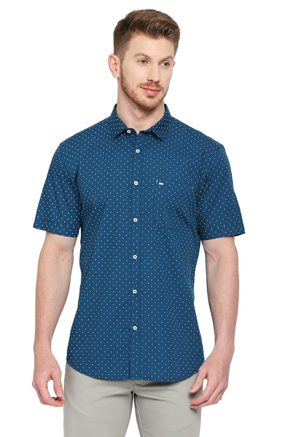 BASICS SLIM FIT COTTON POPLIN PRINTED HALFSLEEVES SHIRT