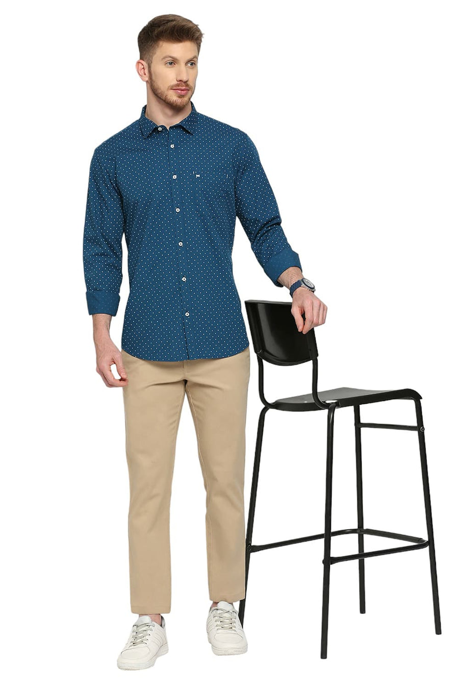 BASICS SLIM FIT BLUE CORAL COTTON POPLIN PRINTED SHIRT