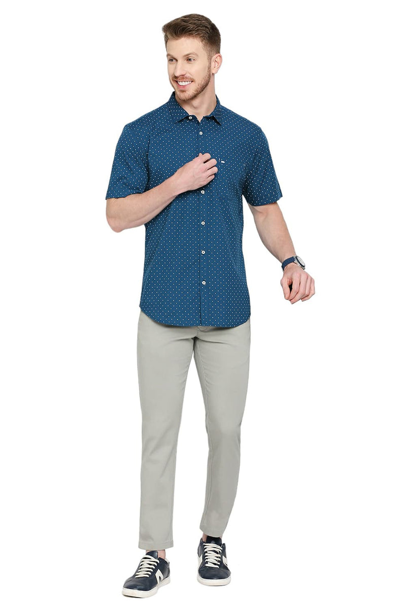 BASICS SLIM FIT COTTON POPLIN PRINTED HALFSLEEVES SHIRT