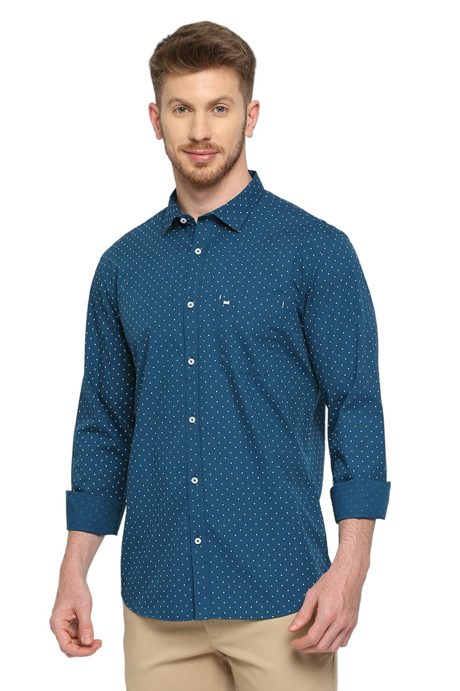BASICS SLIM FIT BLUE CORAL COTTON POPLIN PRINTED SHIRT