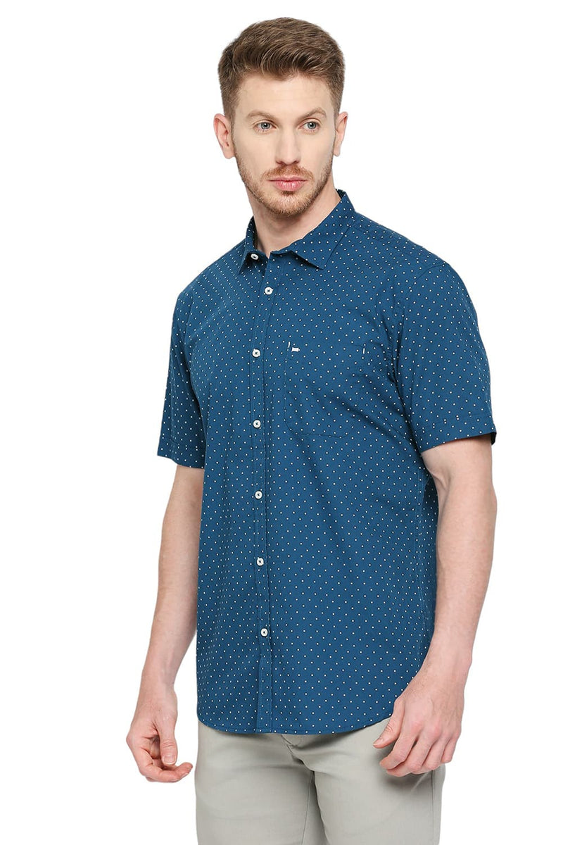 BASICS SLIM FIT COTTON POPLIN PRINTED HALFSLEEVES SHIRT