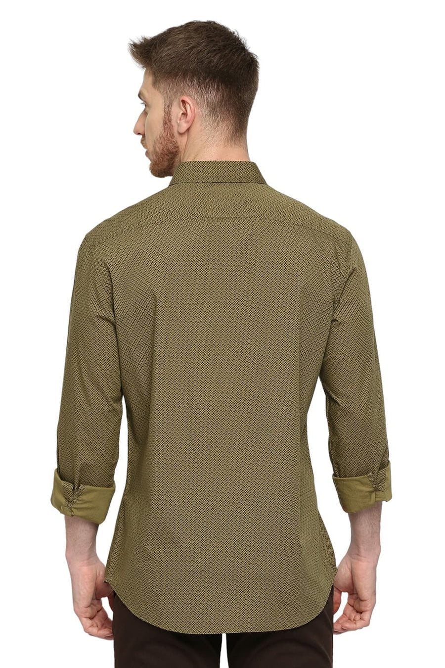 BASICS SLIM FIT SAGE OLIVE COTTON POPLIN PRINTED SHIRT