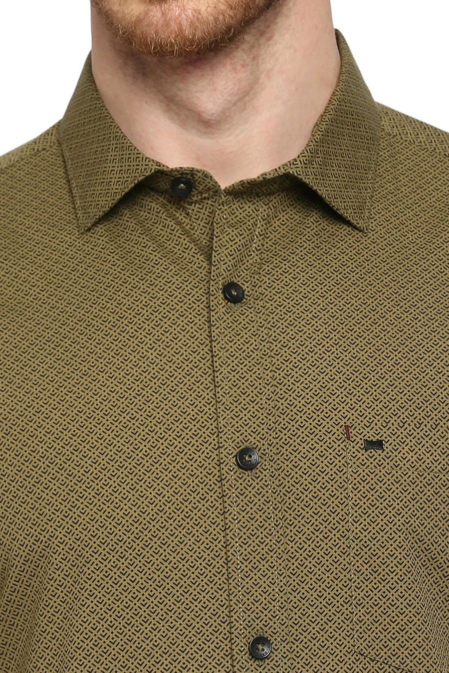 BASICS SLIM FIT SAGE OLIVE COTTON POPLIN PRINTED SHIRT