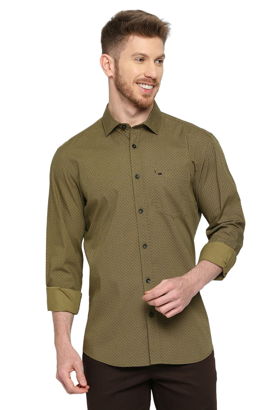 BASICS SLIM FIT SAGE OLIVE COTTON POPLIN PRINTED SHIRT