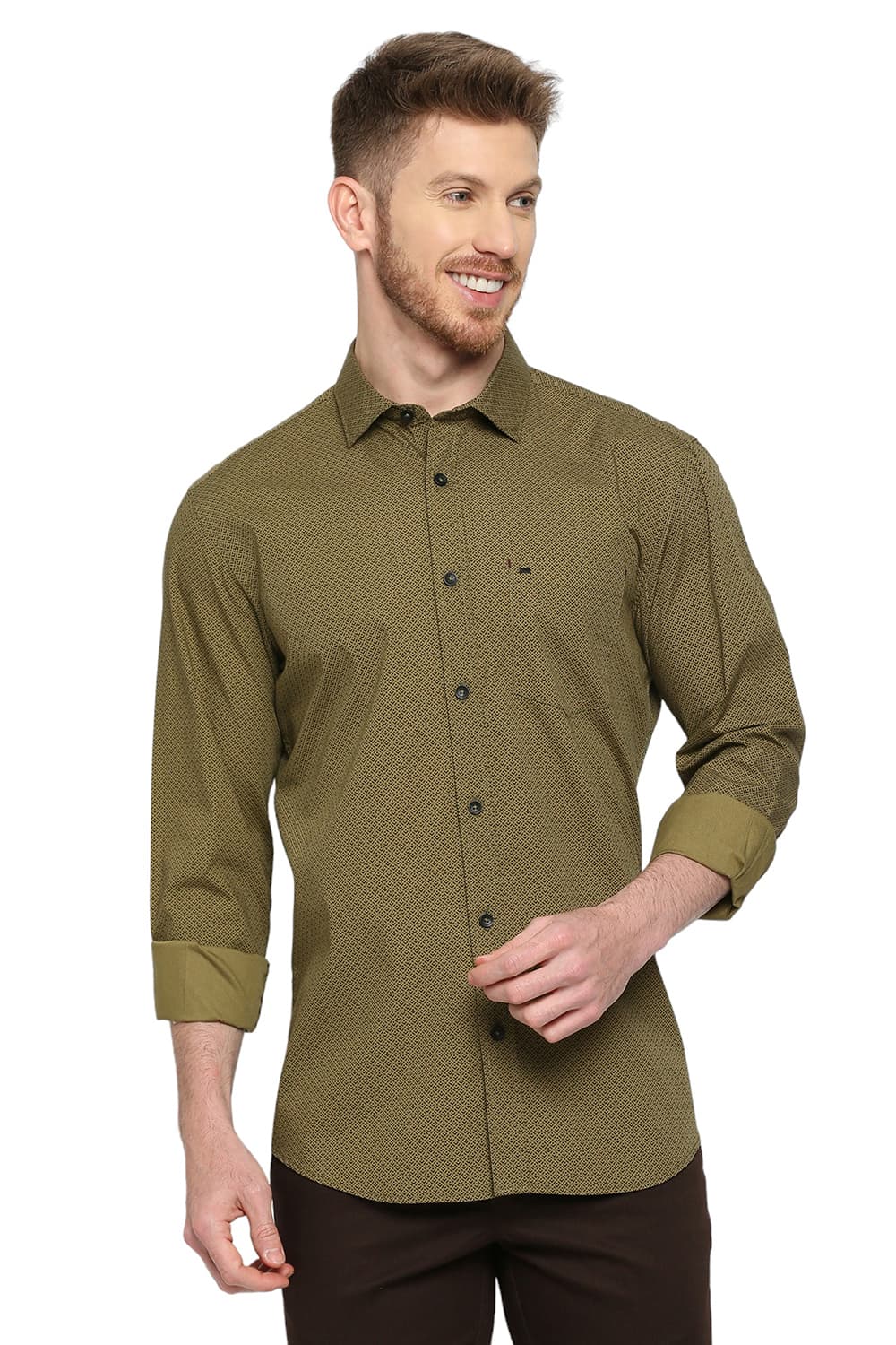 BASICS SLIM FIT COTTON POPLIN PRINTED SHIRT