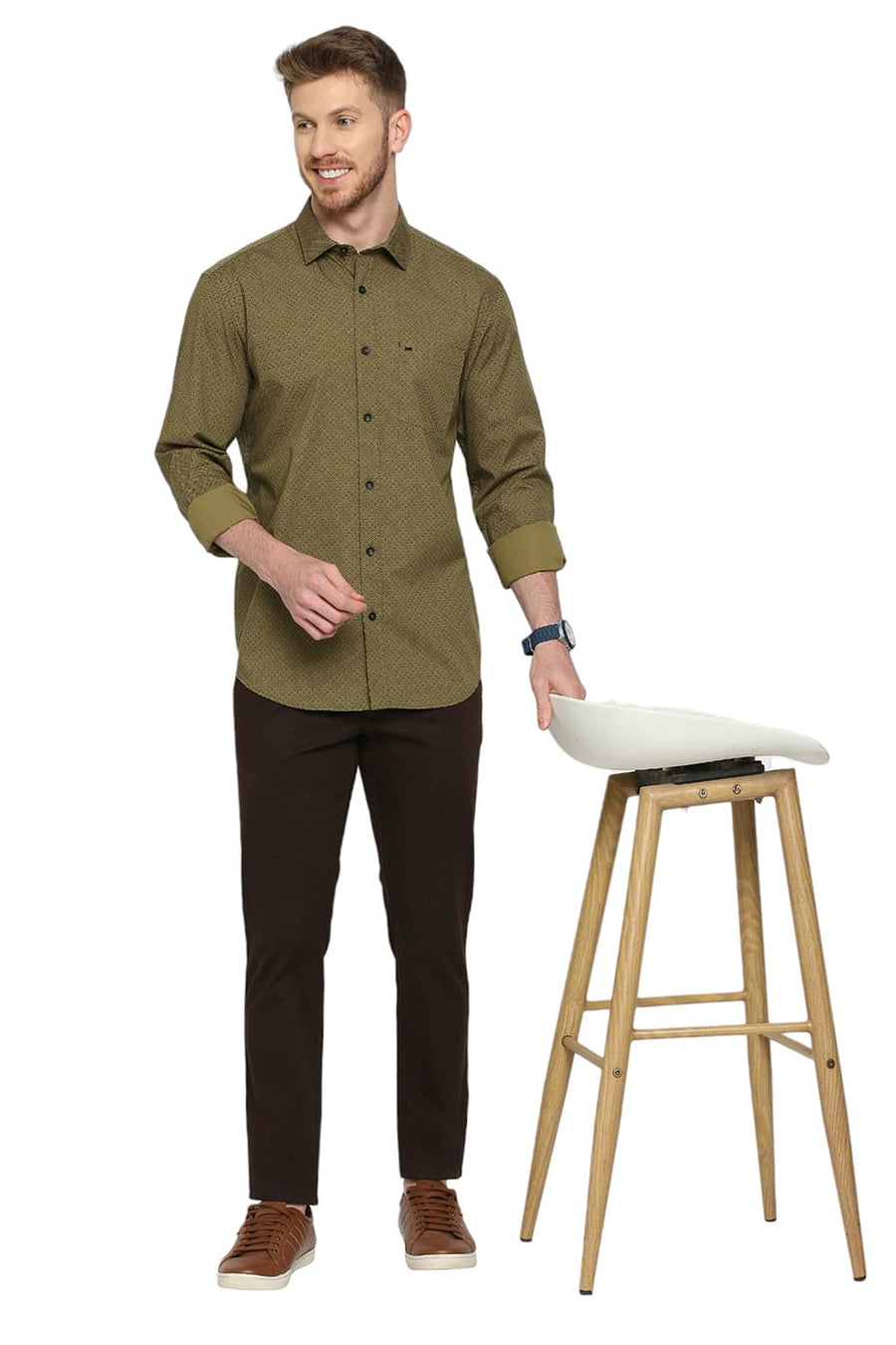 BASICS SLIM FIT SAGE OLIVE COTTON POPLIN PRINTED SHIRT