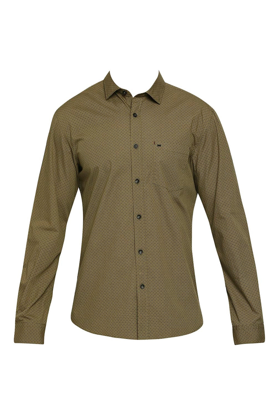 BASICS SLIM FIT SAGE OLIVE COTTON POPLIN PRINTED SHIRT