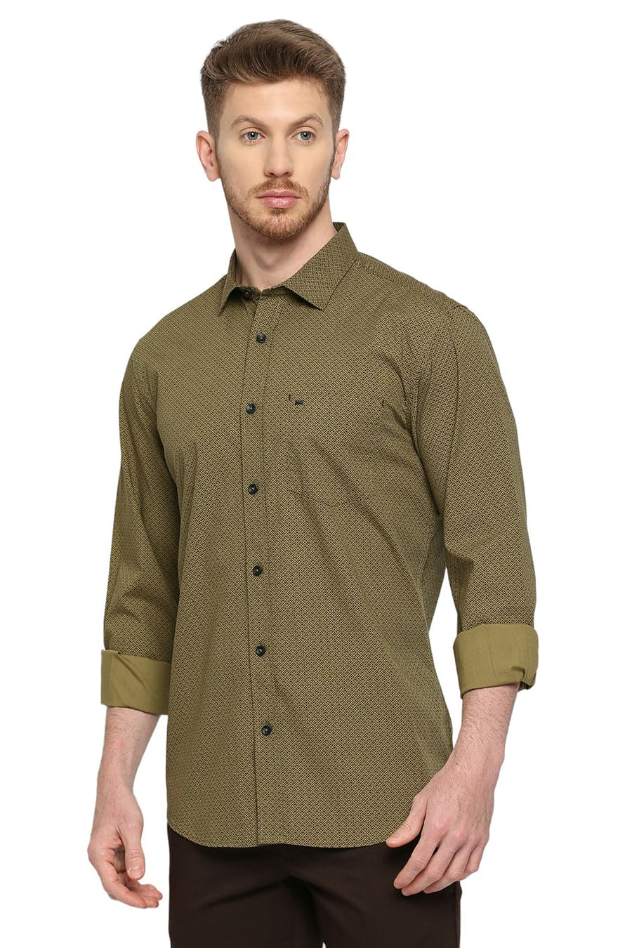 BASICS SLIM FIT SAGE OLIVE COTTON POPLIN PRINTED SHIRT