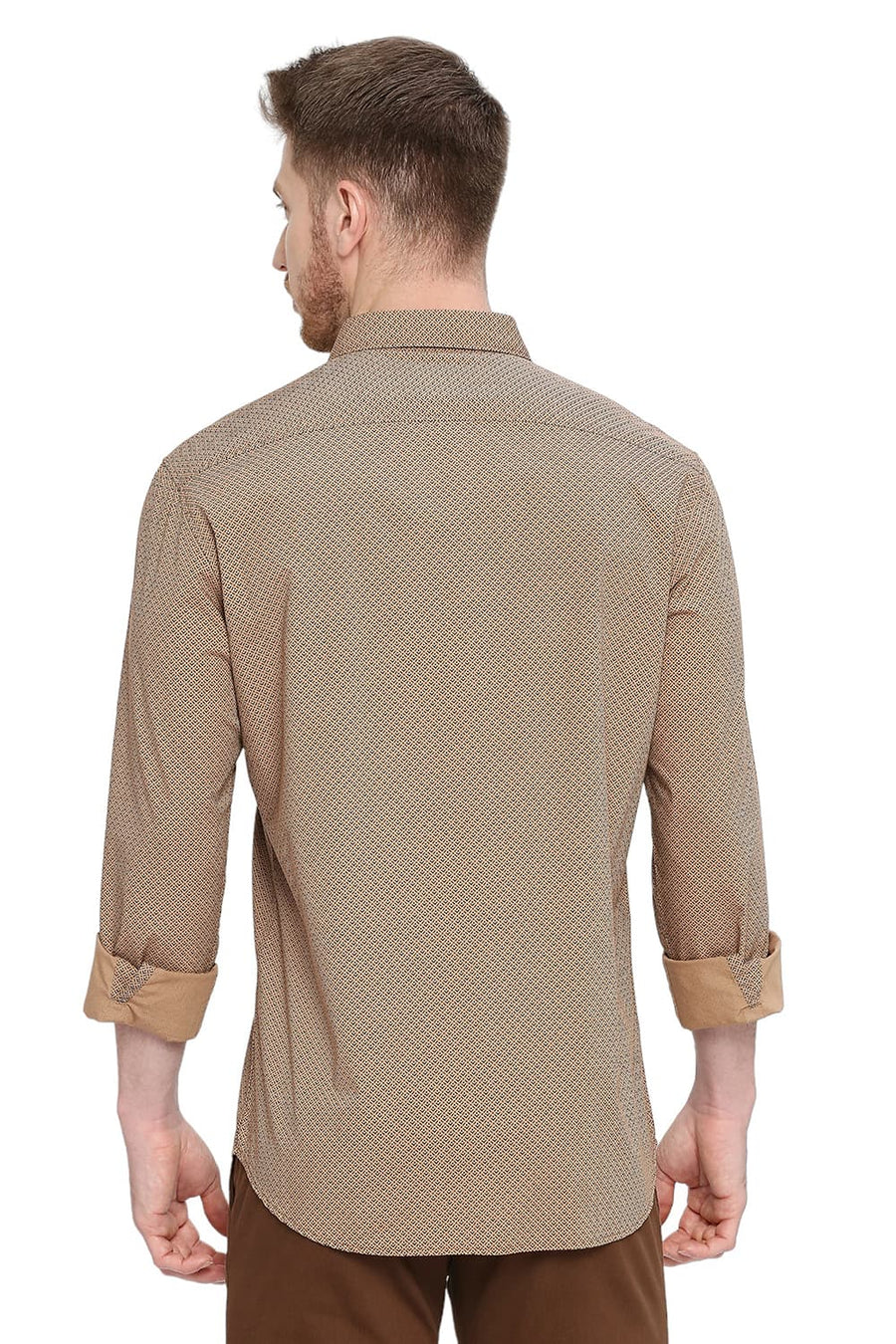 BASICS SLIM FIT CARAFE KHAKI COTTON POPLIN PRINTED SHIRT