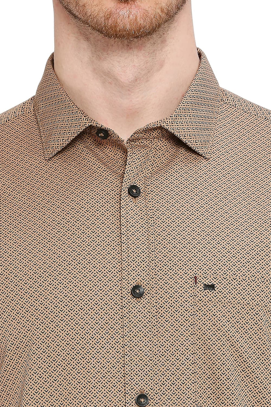 BASICS SLIM FIT CARAFE KHAKI COTTON POPLIN PRINTED SHIRT