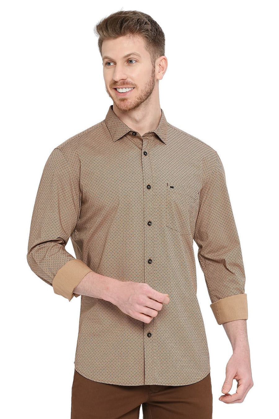 BASICS SLIM FIT CARAFE KHAKI COTTON POPLIN PRINTED SHIRT