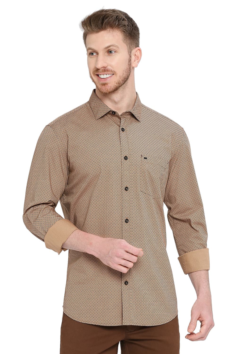 BASICS SLIM FIT COTTON POPLIN PRINTED SHIRT