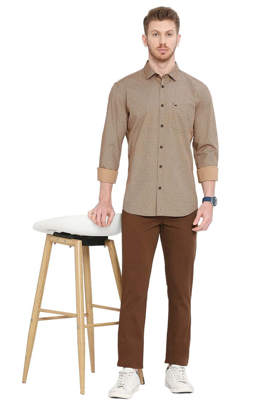 BASICS SLIM FIT CARAFE KHAKI COTTON POPLIN PRINTED SHIRT