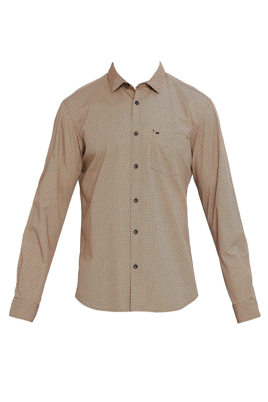 BASICS SLIM FIT CARAFE KHAKI COTTON POPLIN PRINTED SHIRT