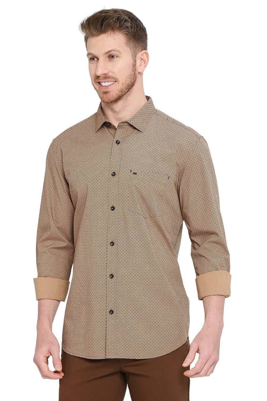 BASICS SLIM FIT CARAFE KHAKI COTTON POPLIN PRINTED SHIRT