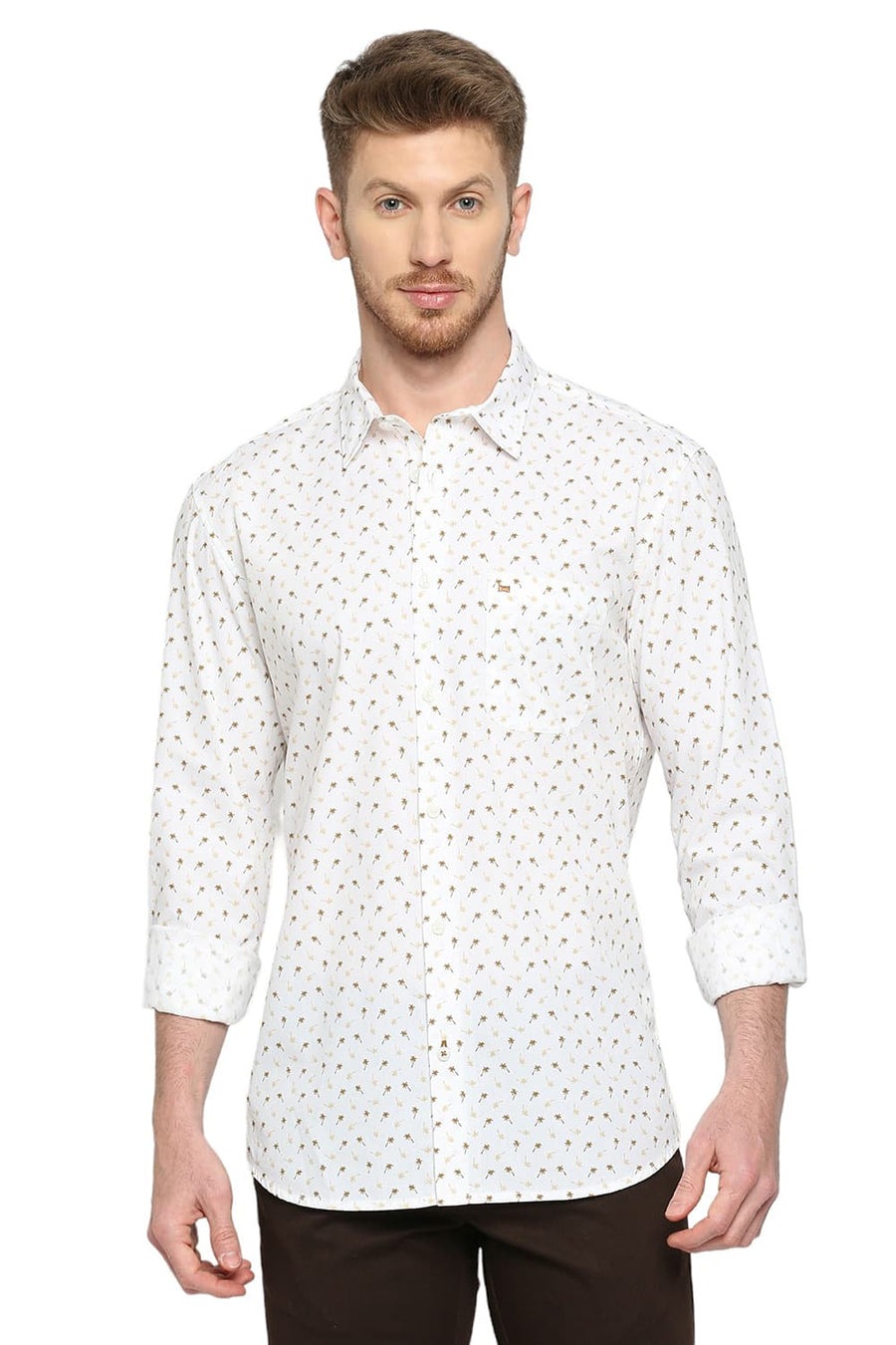 BASICS SLIM FIT DACHSHUND BROWN COTTON POPLIN PRINTED SHIRT