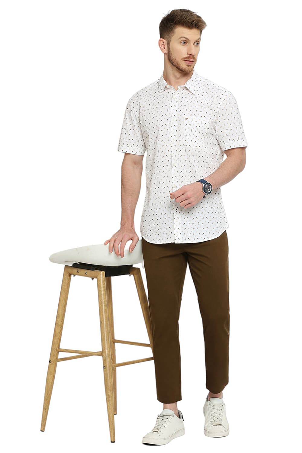 BASICS SLIM FIT COTTON POPLIN PRINTED HALFSLEEVES SHIRT