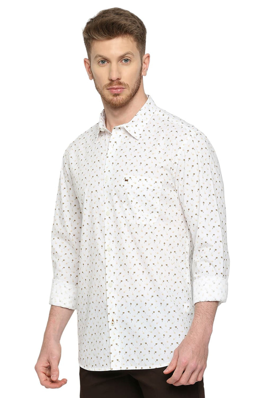 BASICS SLIM FIT DACHSHUND BROWN COTTON POPLIN PRINTED SHIRT