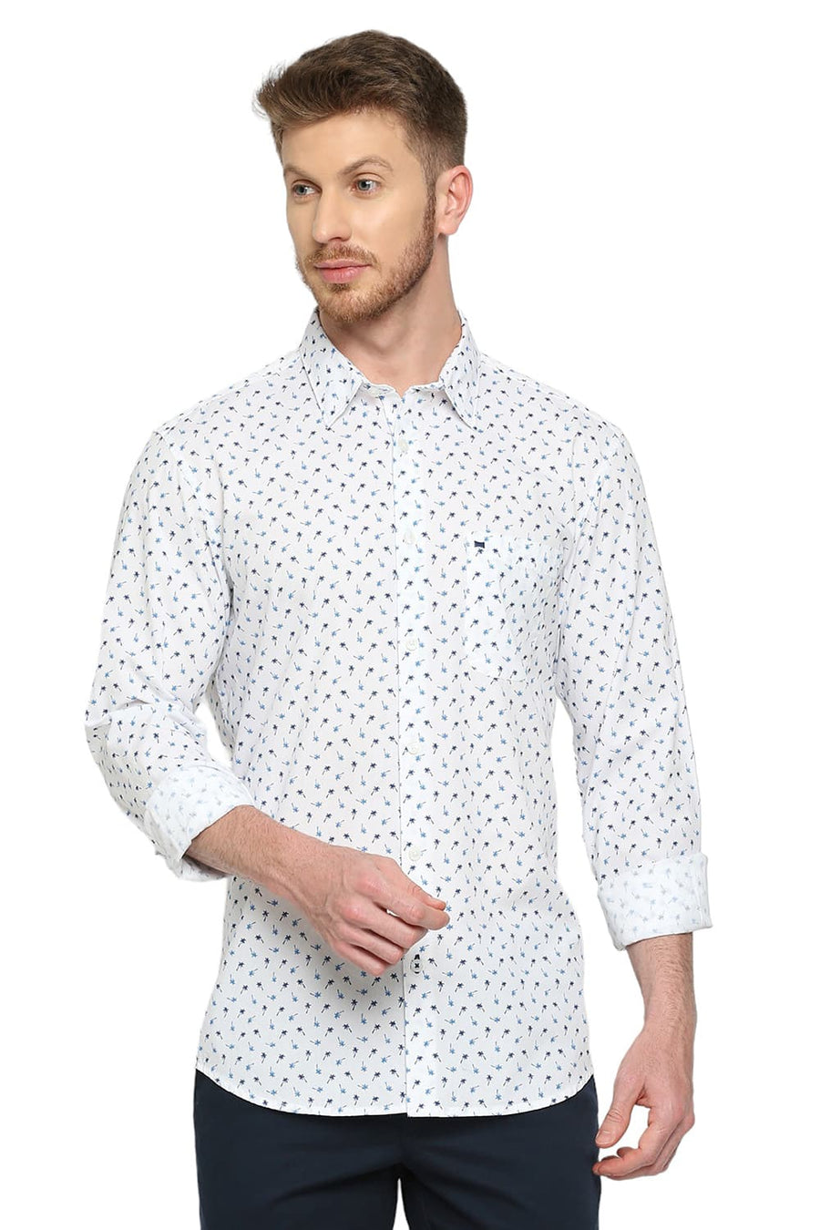 BASICS SLIM FIT STARGAZER BLUE COTTON POPLIN PRINTED SHIRT