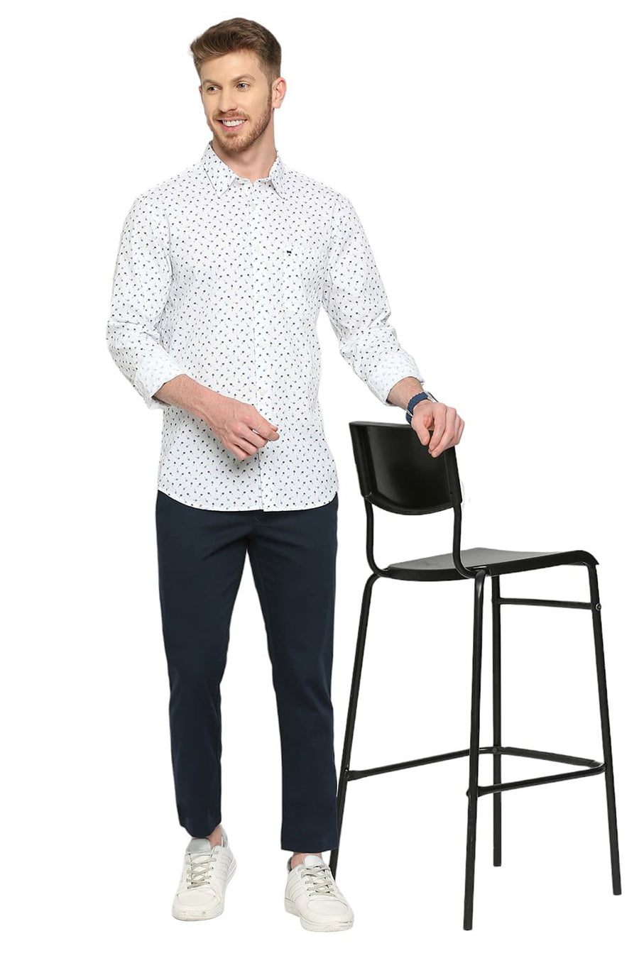 BASICS SLIM FIT STARGAZER BLUE COTTON POPLIN PRINTED SHIRT